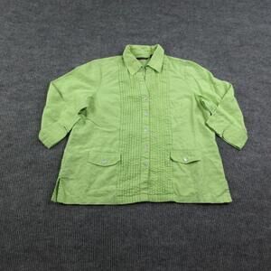 Sara Isabella Tunic Womens 1X Green Linen Button-Up Pleated Pockets 3/4 Sleeve